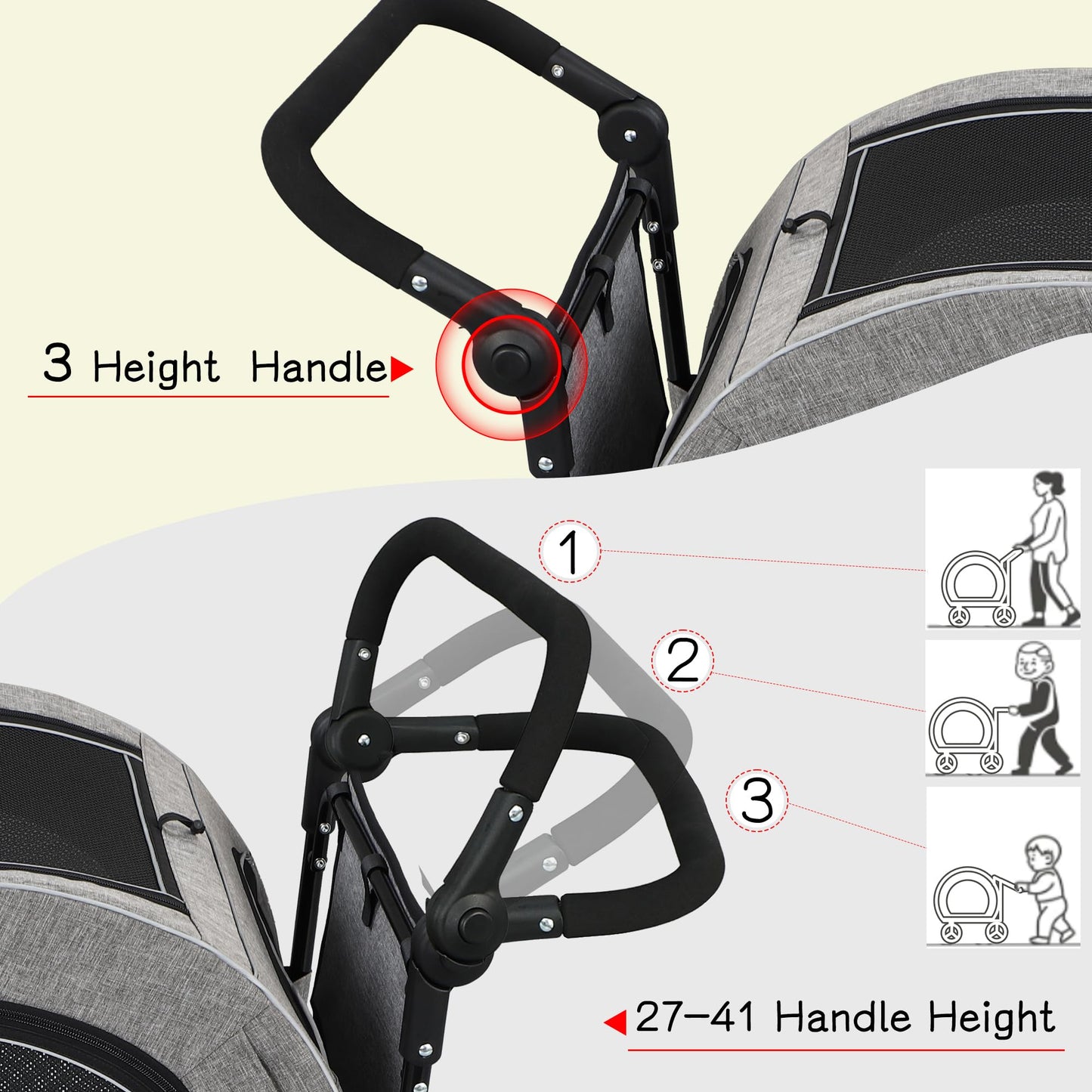 Saudism Pet Stroller for Dogs Cats up to 50 lbs, Foldable Dog Stroller with 360° Swivel Wheels, Detachable Carrier, Adjustable Handle, Travel Dog Stroller for Small Medium Large Pets, Gray