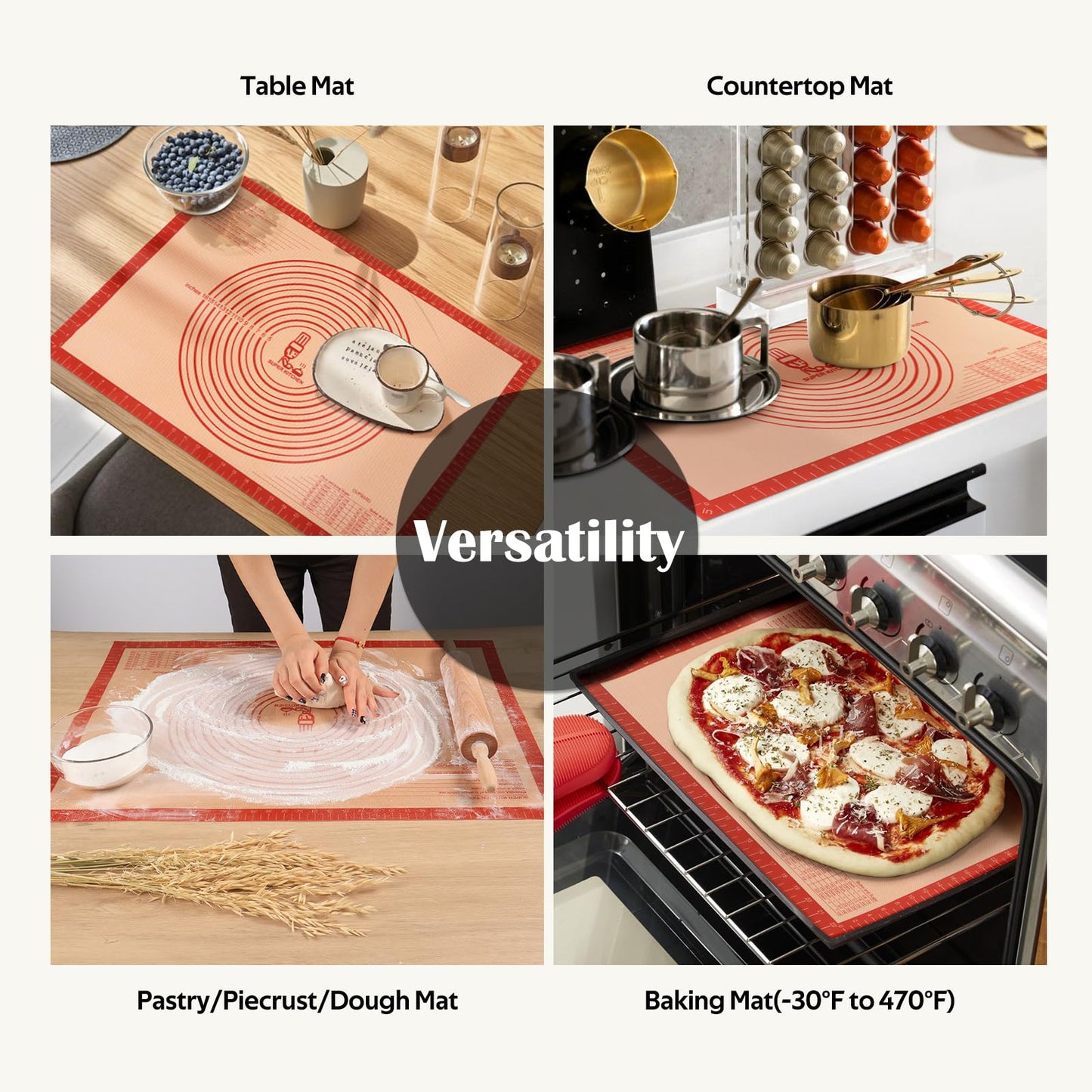 Non-slip Silicone Pastry Mat Extra Large with Measurements 36''By 24'' for Baking Mat, Counter/Dough Rolling/Oven Liner/Fondant/Pie Crust（Red）