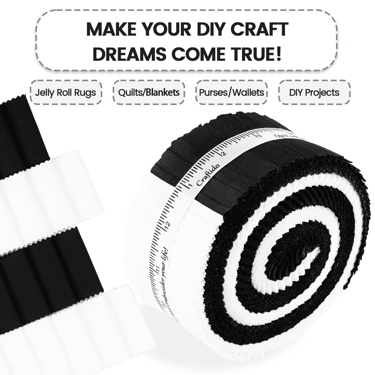Craftido-18 Options-100% Cotton Jelly Roll Fabric Precut Strips for Quilting, Crafting, and Sewing, 40 Strips 2.5" x 44" Assorted Bundles for Rugs, Quilts, DIY Crafts and Home Decor-20 White+20 Black