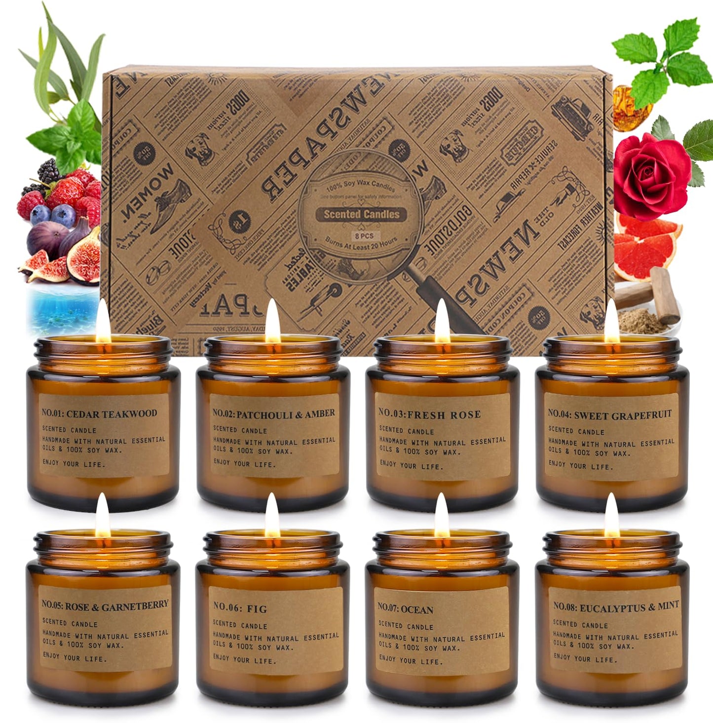 Candles for Home Scented,8 Pack Aromatherapy Jar Candle Gifts for Women, Natural Soy Wax Amber Candle Set, Scented Candles Set for Birthday Valentine Mother's Christmas Day Present