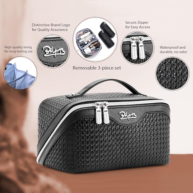 BOYATU Travel Makeup Bags for Women: Large Capacity Make up Bag with Wide Opening - 3 Pcs Set Waterproof Travel Toiletry Organizer for Full-Sized Bottles, Cosmetics & Brushes (Black-W)