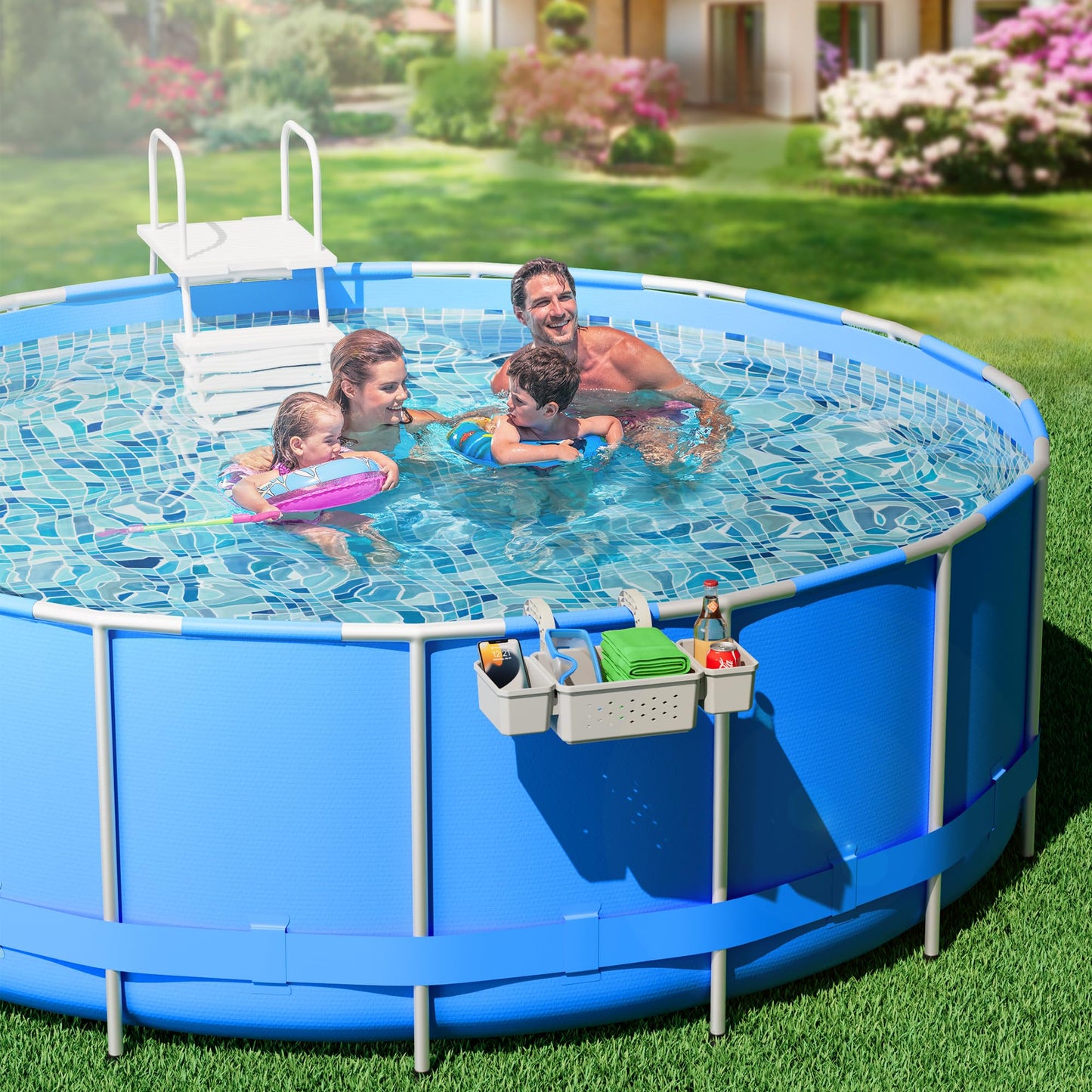 Kompoll [Patented] Poolside Storage for Above Ground Pool Accessories, Thickened Plastic Pool Basket with 2 Pool Cup Holder, Multifunctional Poolside Holder Fits for Most Frame Pools (1 Pack)