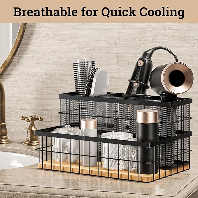 HB Design Co. Hair Tool Organizer - Countertop & Under Sink - Breathable Metal & Bamboo - Hot Hair Tools Organizer - Black