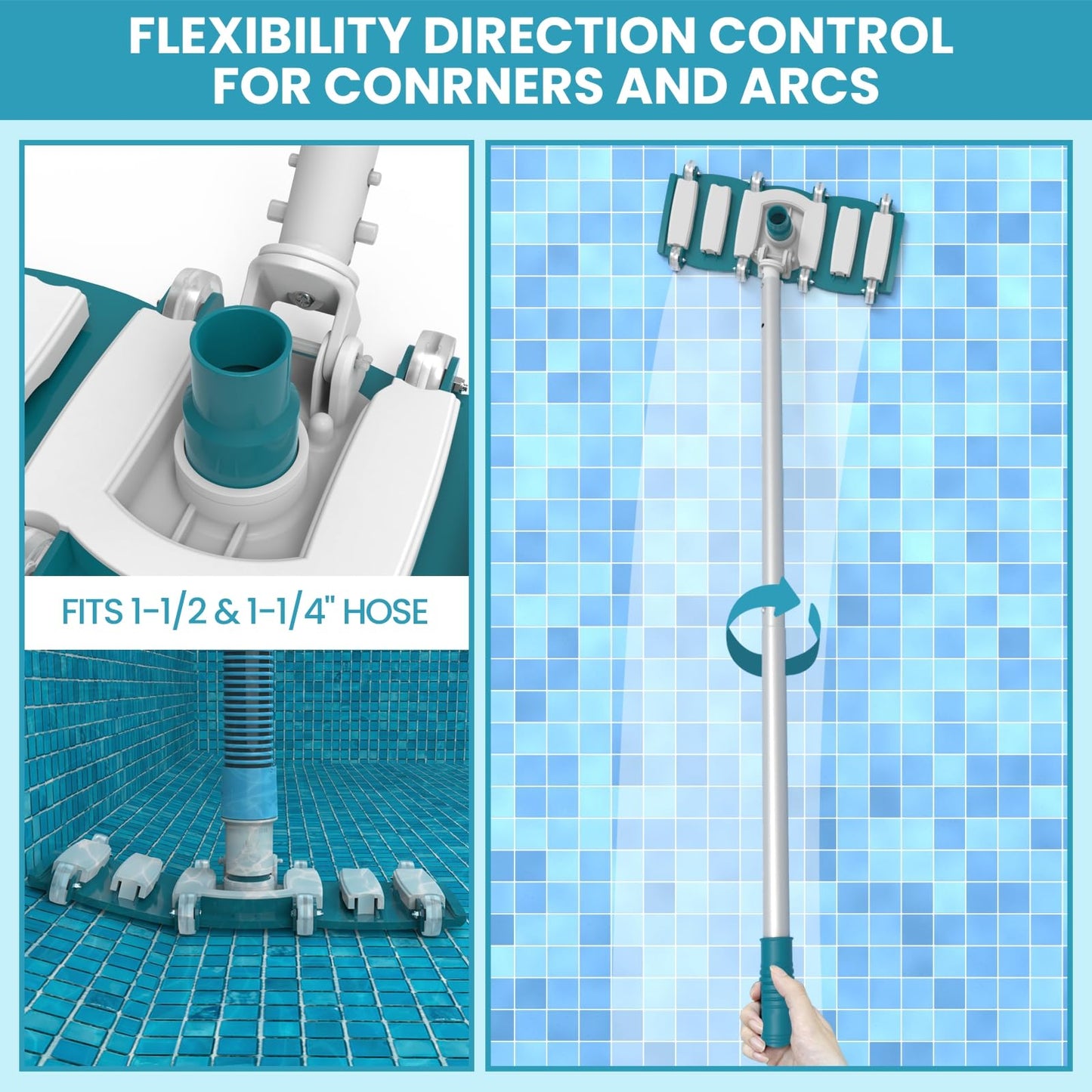 POOLWHALE Professional 1-1/2-Inch x 30-Feet Swimming Pool Vacuum Hoses and Weighted Rotatable Handle Vacuum Head with Wheels, Perfect for Above Ground and Inground Pools