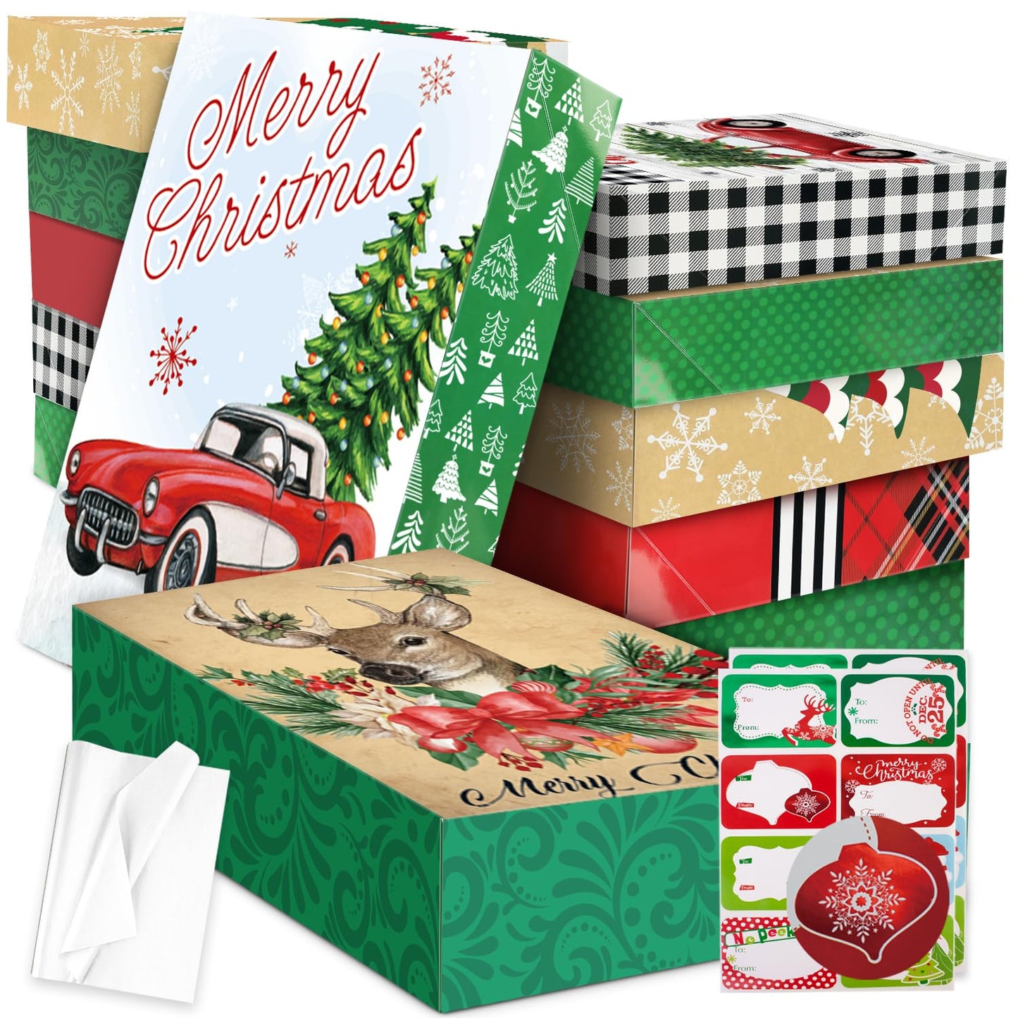 12 Extra Large Christmas Gift Wrap Boxes Bulk with Lids, 12 Tissue paper and 80 Foil Christmas gift Stickers for Wrapping Oversized Clothes (Robes, Sweater, Coat, Shirts) and Xmas Holiday Present