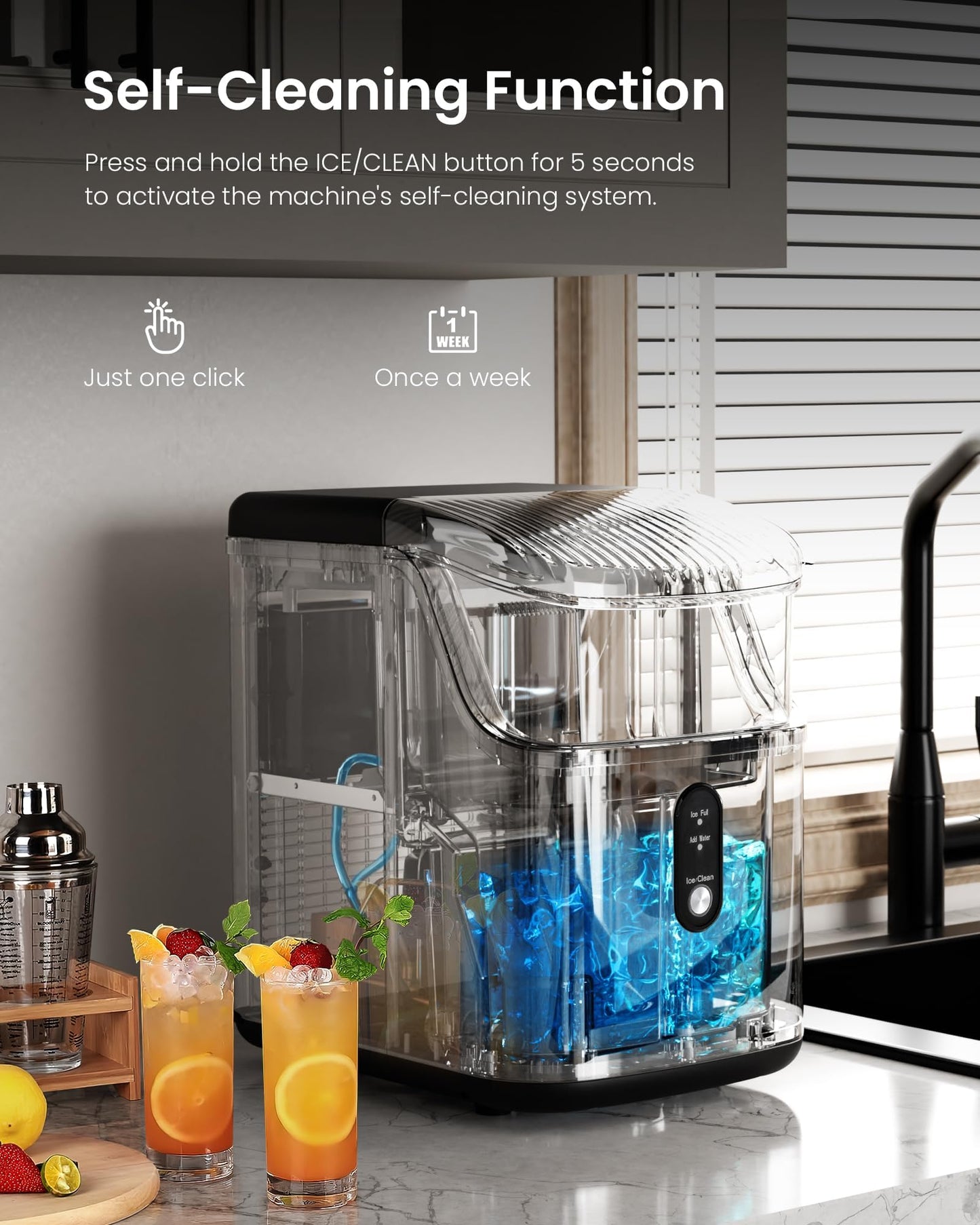 Kismile Nugget Ice Maker Countertop,35Lbs/24H Pellet Ice Machine with Chewable Ice,Self-Cleaning Pebble Ice Maker with Ice Scoop,One-Click Operation,for Home/Kitchen/Office(Black)