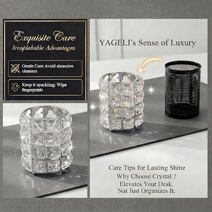 YAGELI Crystal Pen Holder for Desk, 3.58" Gold/Silver Pencil Cup, Elegant Office Desk Accessories for Women, Modern Home Office Decor, Teacher Gift - Compact Vanity Makeup Brush Organizer(Silver)