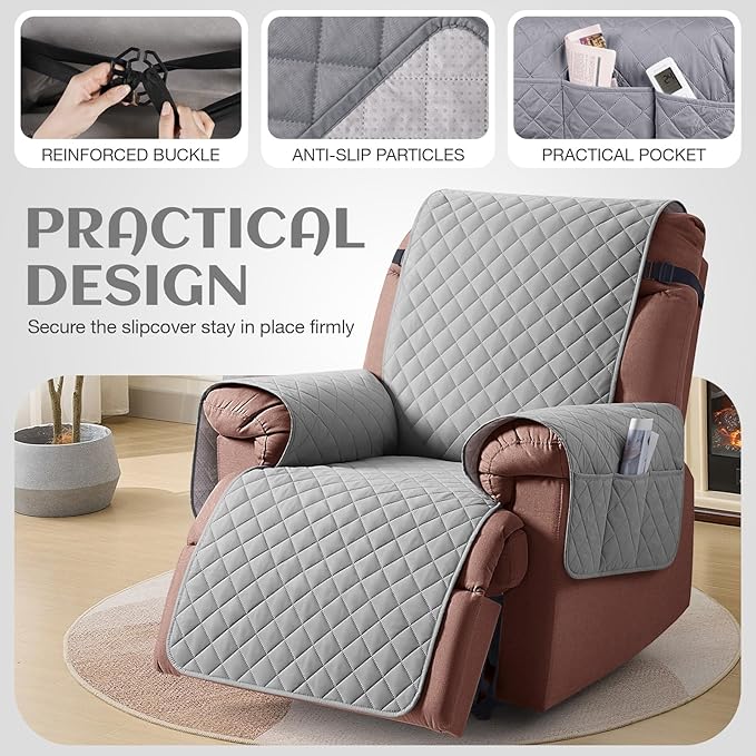 KinCam 100% Waterproof Recliner Chair Cover, Reclining Couch Covers for Pets, Dogs, Recliner Couch Slipcover Furniture Protector with Elastic Straps for Kids(23.6", Light Gray)