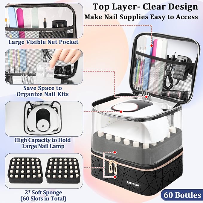 Clear Nail Polish Organizer Holds 60 Bottles (15ml/0.5fl.oz)& Nail Lamp, Double Layer Nail Supplies Organizer Case Transparent, PU Leather Nail kit Storage Bag for Manicure Tools (Black)