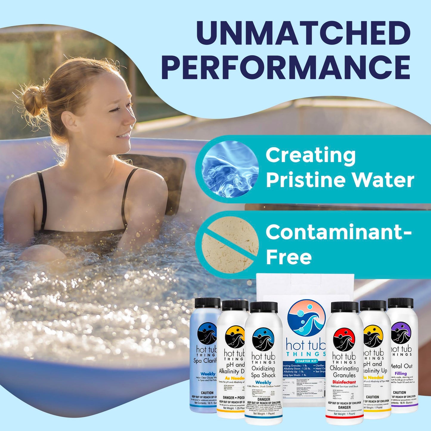 Hot Tub Things - Chlorine Starter Kit - Hot Tub Chemicals Kit for Spa & Jacuzzi Maintenance, Pool Shock, Chlorine Granules, Test Strips, Alkalinity Up & Down, Clarifier, Metal Out, Oxidizer - 1 lb