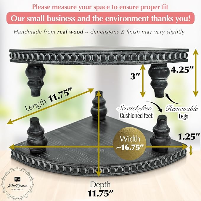 Corner Pedestal Stand Rustic Decor Riser for Display - Farmhouse Wood Rounded Beaded Tray for Kitchen and Bathroom Countertop Organizer, Coffee Bar, Plant Stand with Removable Feet (Rustic Black)
