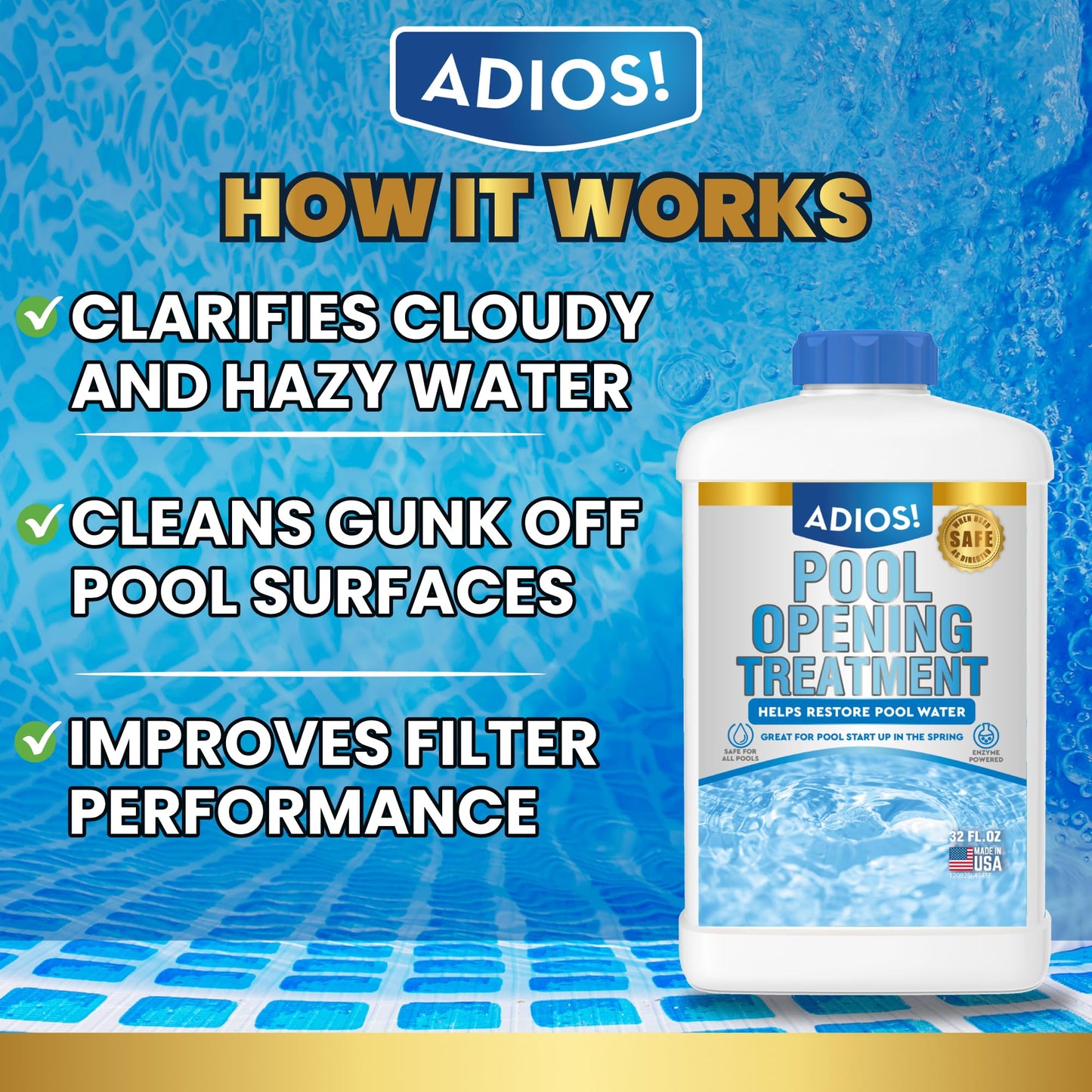 Adios! Pool Opening Treatment - Starter Enzymes for Above Ground Pools and Inground, Treats 40,000 Gallons for Winter Start Up Chemicals - 32oz (Quart)