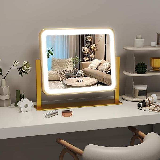 ROLOVE Gold Lighted Makeup Mirror, 14"x12" Vanity Mirror with Smart Touch Control, 3-Color Dimmable Lighting, 360° Rotation for Desk or Bedroom