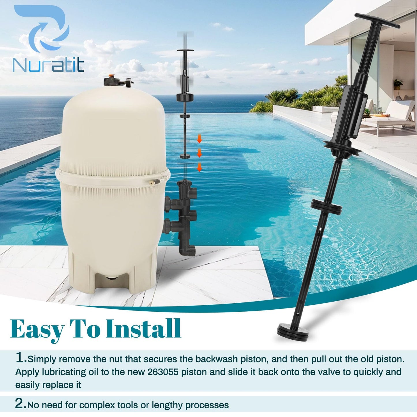 NURATIT 263055 Piston Shaft Assembly Replacement Kit, Compatible with Pentair PVC Slide Pool, FNS Plus Pool Backwash Valve and Spa Valve, Replace Model 263064, 263052, 263053, 263078, and 263079