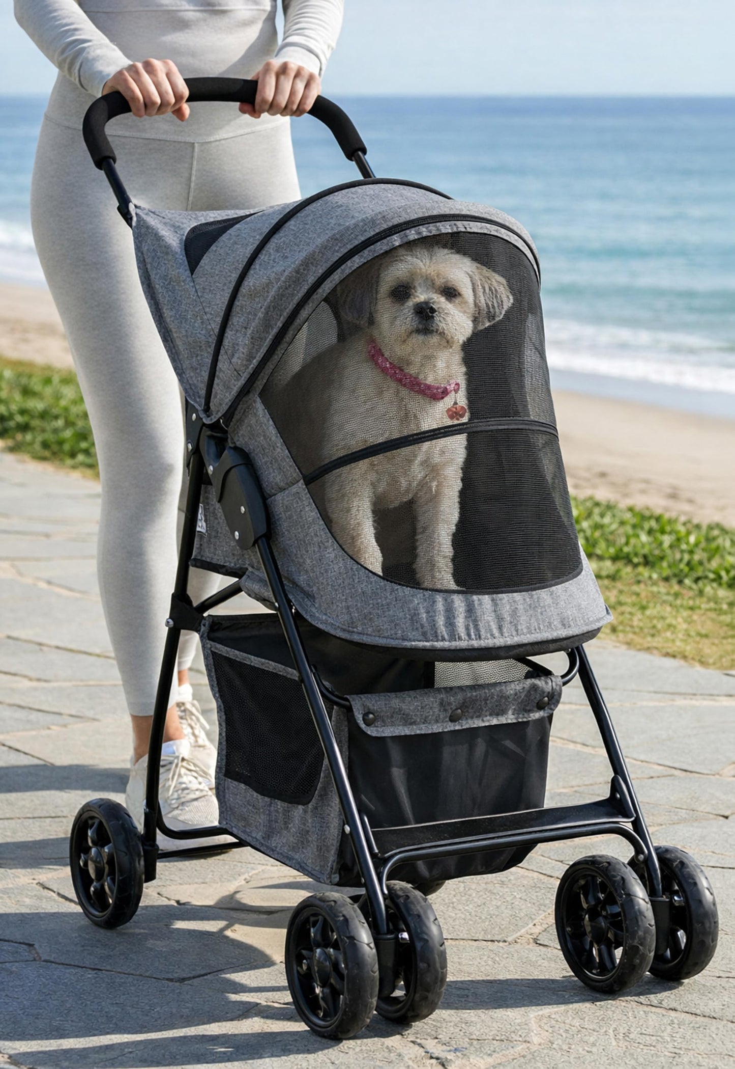 Pet Gear Happy Trails Lite Pet Stroller for Cats/Dogs, Zipper Entry, Easy Fold with Removable Liner, Safety Tether, Storage Basket, Titanium Grey
