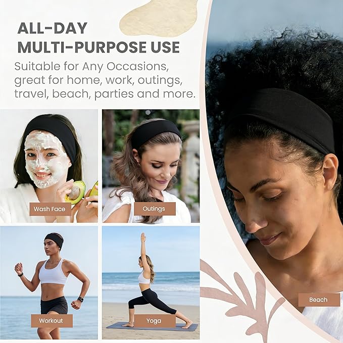 2 Pack Black Wide Headbands for Women - Thick Stretchy Non Slip Fabric Sweat Bands, Soft Hair Bands for Workout, Running, Spa, Makeup & Washing Face
