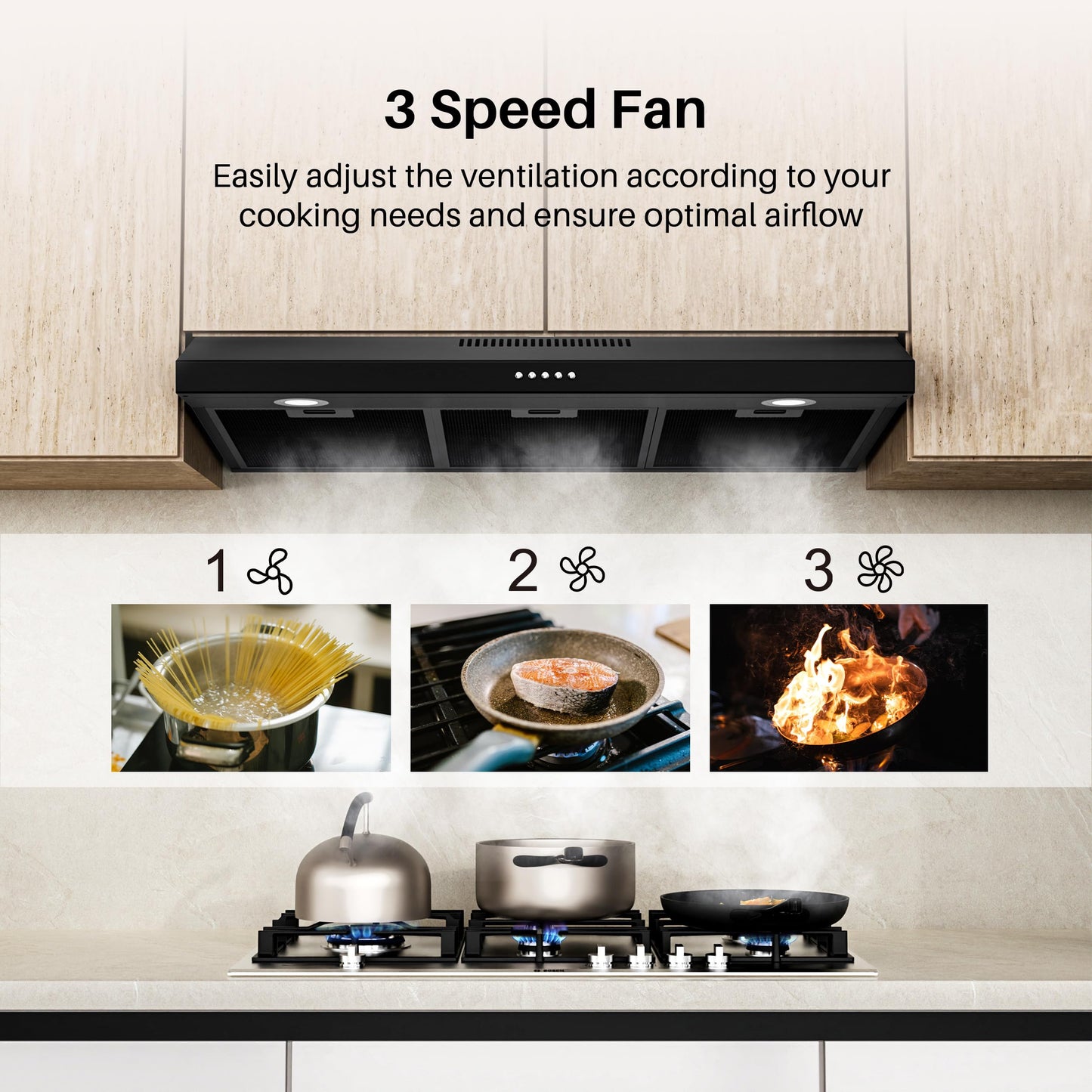FIREGAS Black Under Cabinet Range Hood 36 Inch, Ducted/Ductless Convertible Kitchen Hood with 3 Speed Exhaust Fan, 300 CFM, LED Lights, Brushlesss DC Motor Vent Hood for Kitchen