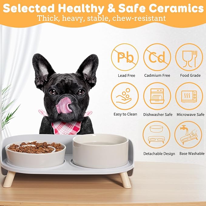 Elevated Slow Feeder Dog Bowls - Ceramic Food and Water Bowl Set with Stand - Raised Pet Dishes for Small and Medium Sized Dogs
