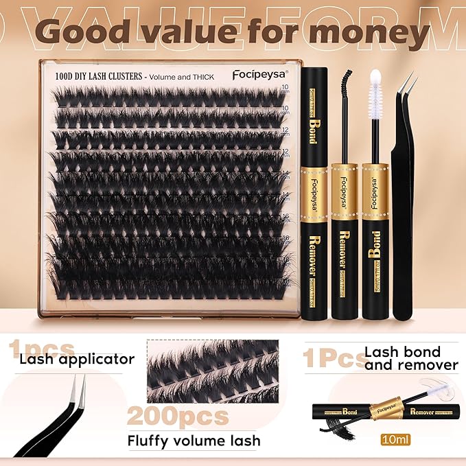 Thick Eyelash Extension Kit Volume Lash Clusters Kit 10-18mm Individual Lashes Clusters 100D DIY Lash Extension Kit 200pcs Clusters Lash with Bond and Remover Lash Applicator by Focipeysa