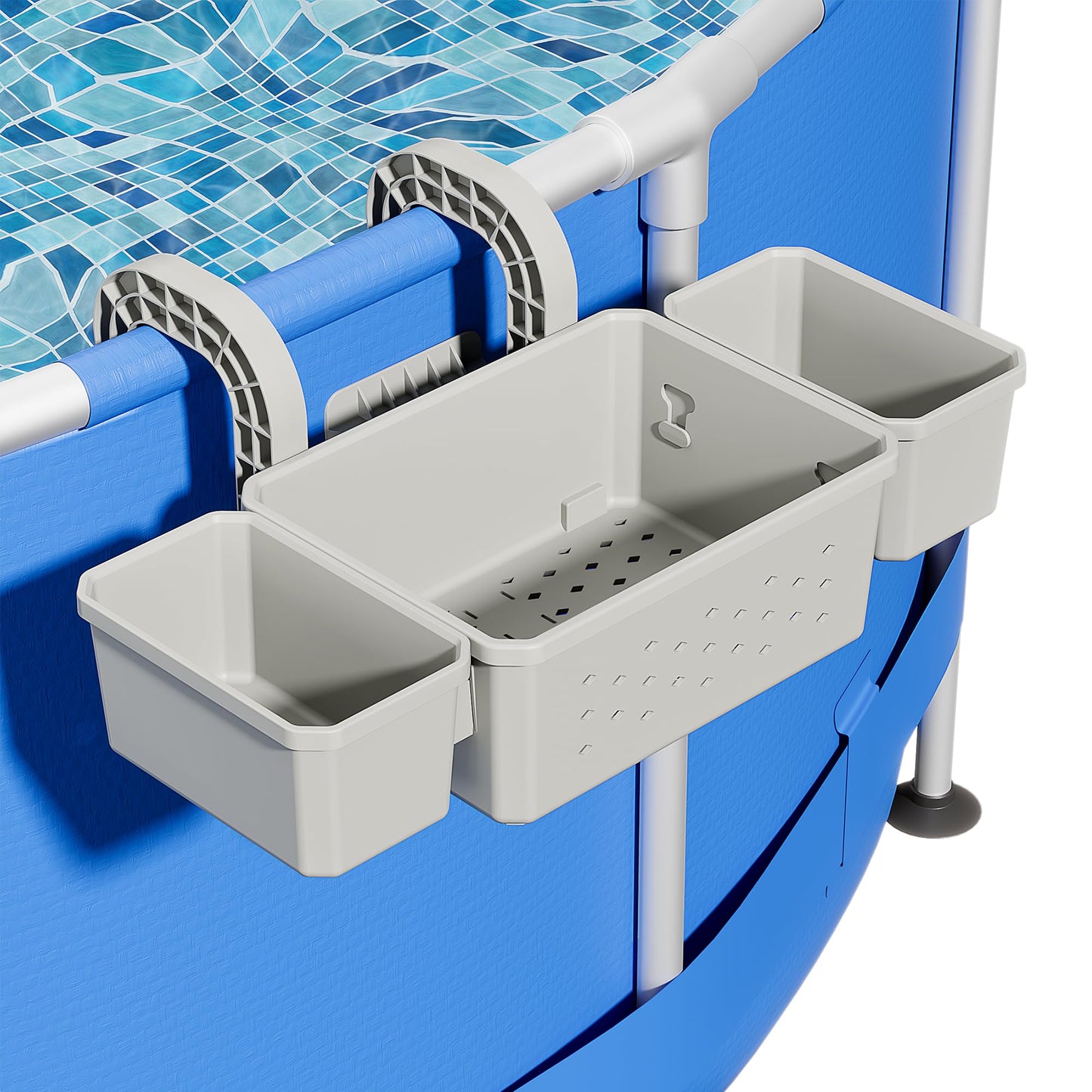 Kompoll [Patented] Poolside Storage for Above Ground Pool Accessories, Thickened Plastic Pool Basket with 2 Pool Cup Holder, Multifunctional Poolside Holder Fits for Most Frame Pools (1 Pack)