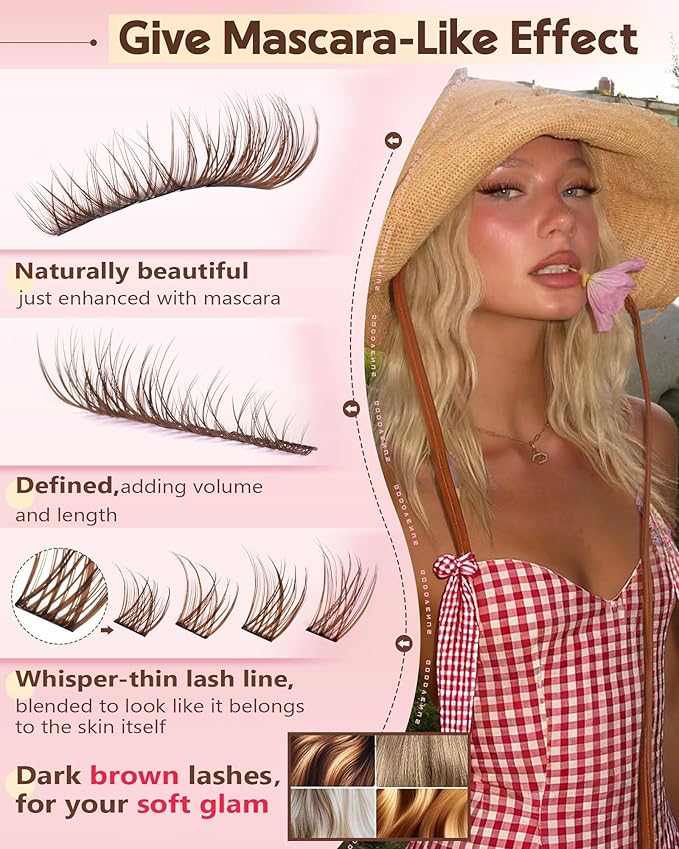 Goddvenus Brown Wispy Lash Clusters Kit Natural Cluster Eyelash Extensions Kit False Eyelashes Clusters Fluffy DIY Individual Lash Extensions Kit C Curl