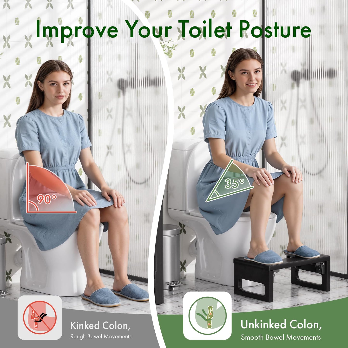 Bathway Squatting Potty Stool, Foldable Toilet Stool Squat for Adult, Bamboo Poop Stool, Foot Step Stools, Anti-Slip Pooping Stools for Bathroom, Black, 7''