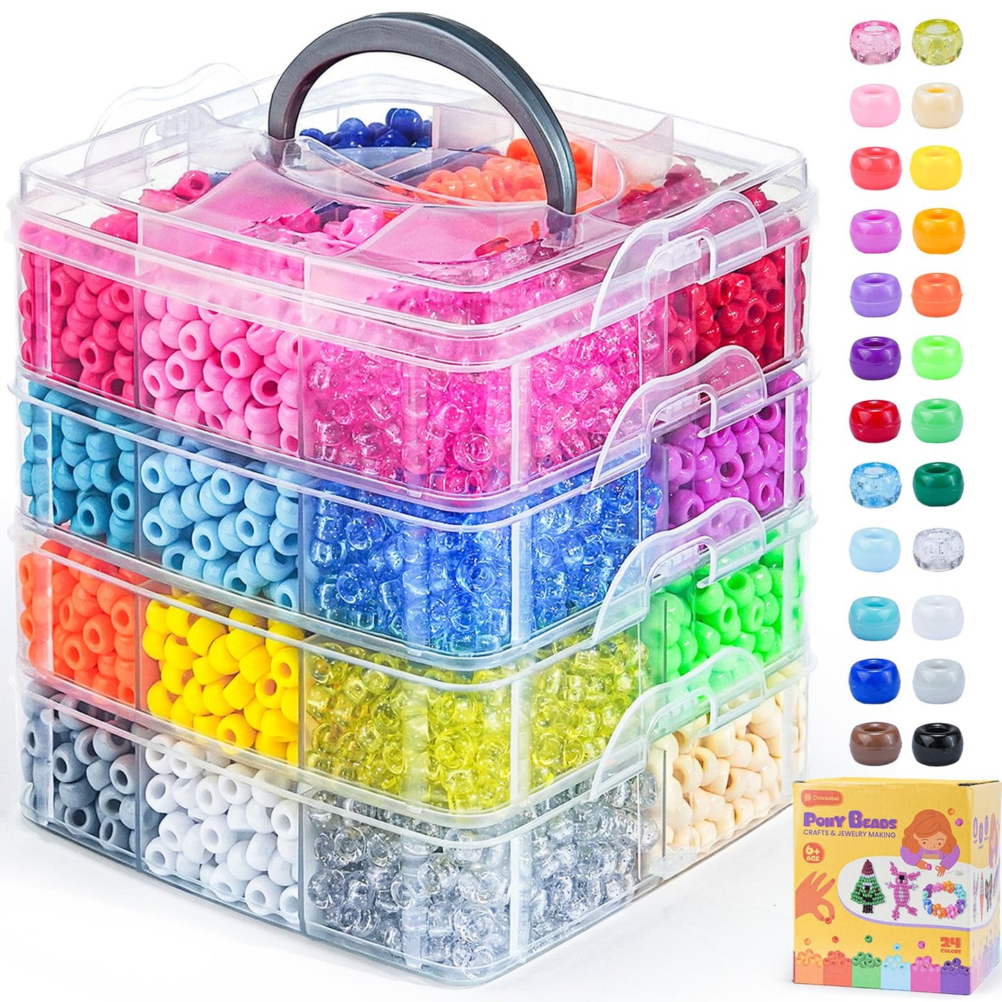 4800PCS Pony Beads Bulk, 24 Colors Kandi Beads 6x9mm Large Hole for Friendship Bracelets, Jewelry Making, Hair Braiding, DIY Art Craft Mothers Day Gifts - Shockproof Protective Gift Packaging