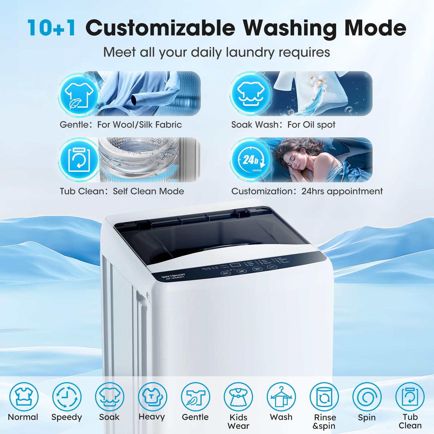 WATTSMART 15.7lbs Portable Washing Machine, Full-Automatic Portable Washer with 10 Wash Cycles, Top Load Clothes Washer with Drain Pump for Apartment Bathroom, Dorms, RVs
