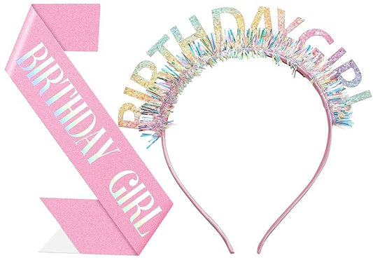 Birthday Headband with Sash for Women, Birthday Crwon Tiara for Decorations
