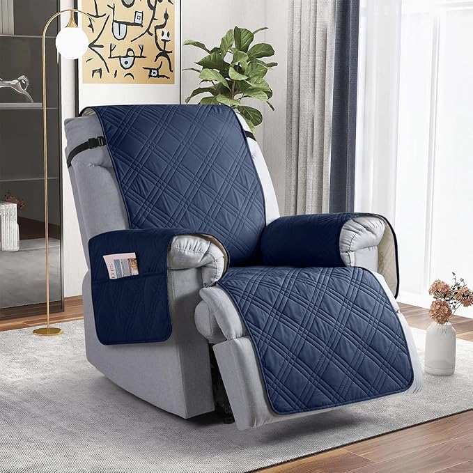 TAOCOCO Waterproof Recliner Chair Covers 30 Inch Wide, Oversized Recliner Covers for Recliner Chair with Pocket, Recliner Slipcovers with Straps Furniture Protector for Kids Pets (30'', Navy Blue)