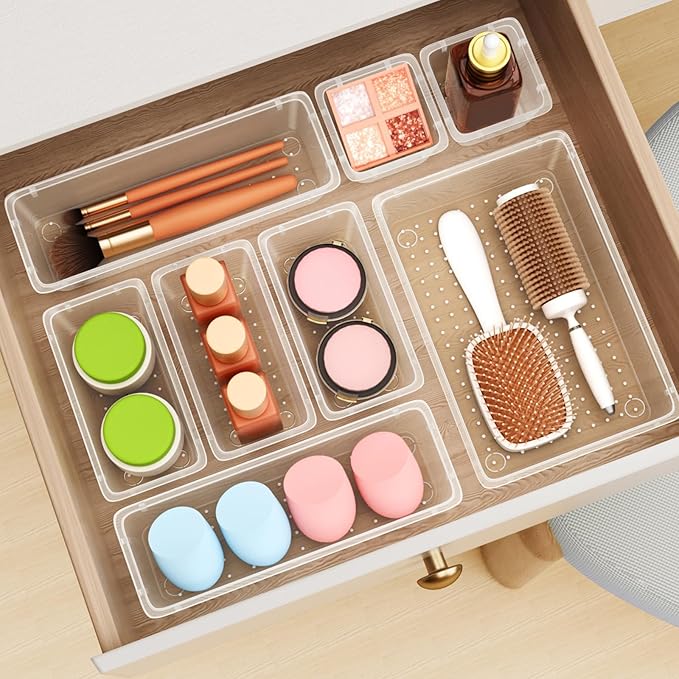 24 PCS Drawer Organizer Set, 4 Sizes Tool Storage Trays, Clear Plastic Makeup Vanity Organizer and Storage Bins for Makeup, Stationeries, Multiple Gadgets for Bathroom, Office, Bedroom