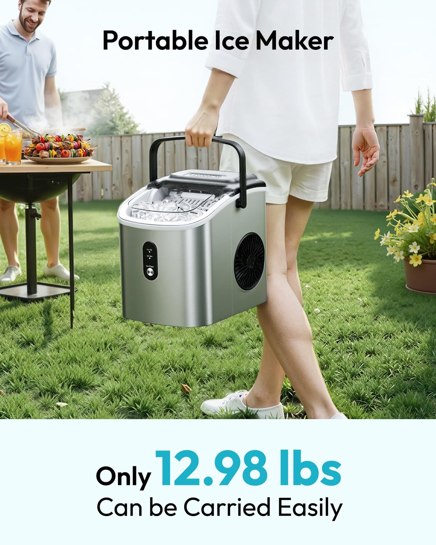 EUHOMY Ice Maker Countertop, Portable Ice Machine with Carry Handle, 26.5lbs Per Day, 9 Cubes in 6 Mins, Auto-Cleaning, with Basket and Scoop, for Home, Kitchen, Camping, RV (Silver)