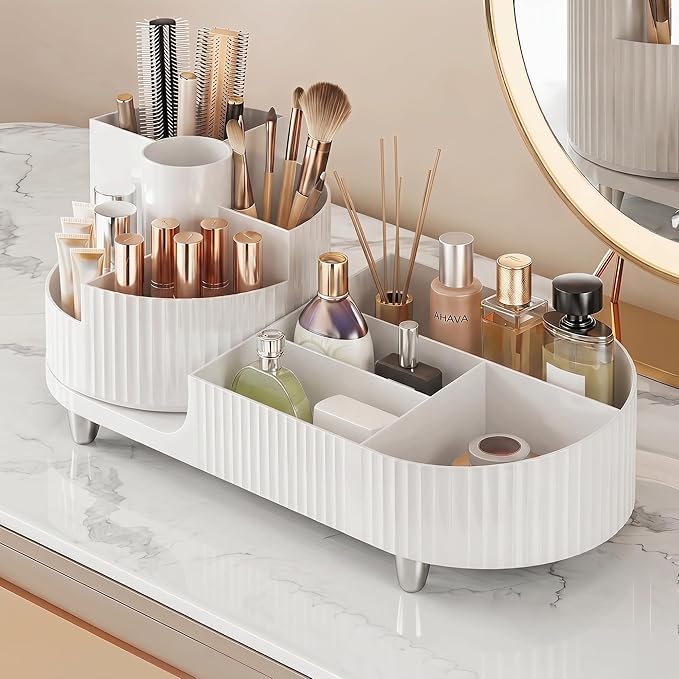 Booklov Rotating Makeup Caddy Organizer for Vanity, Large Capacity Cosmetic Display Case,Countertop Beauty Storage Holder for Skincare, Brush Eyeshadow Lipstick, Counter Desk Organization, White