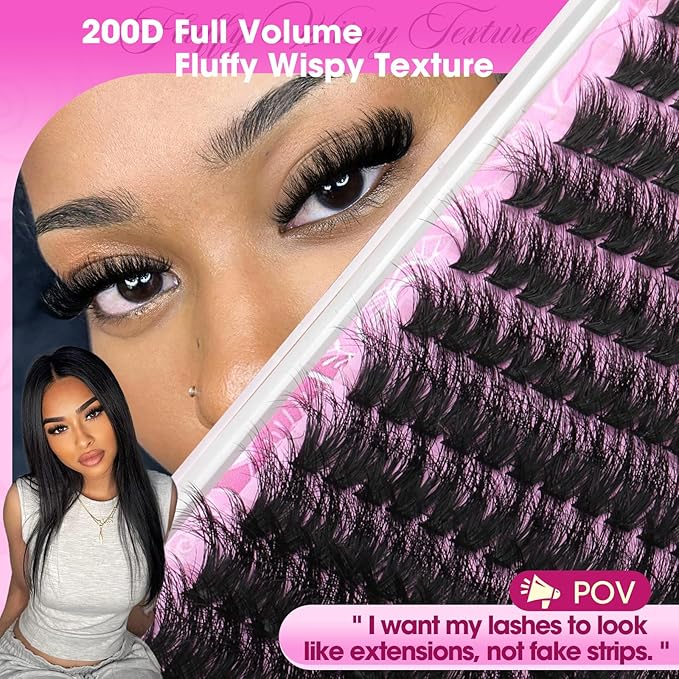 200D Volume Lash Clusters 10-16mm Wispy Eyelash Clusters Fluffy Cluster Eyelash Extensions D Curl Individual Lashes DIY Wearable Lash Extension by Yawamica