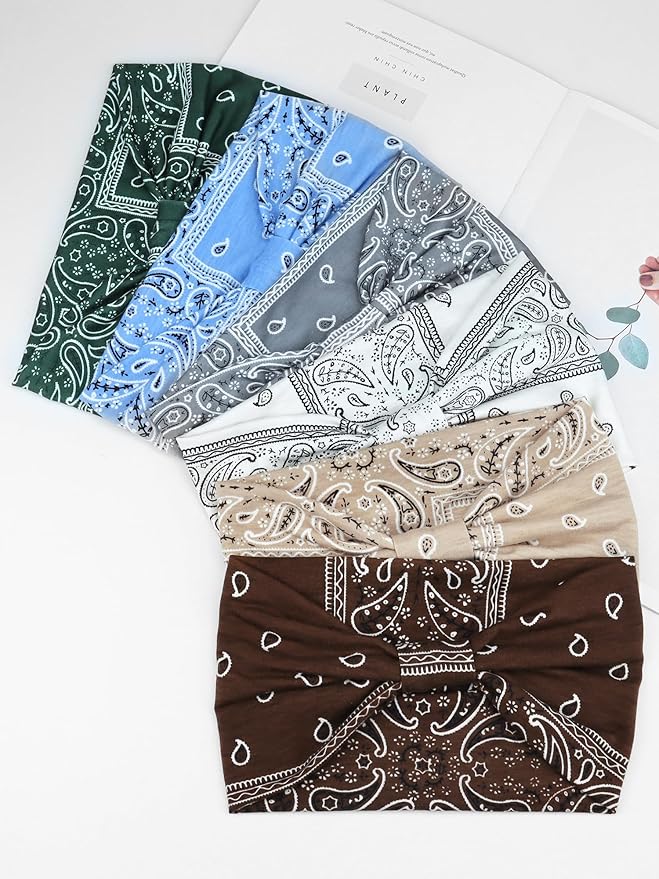 Awumbuk Wide Headbands for Women Knotted No Slip Head Bands Soft Turban Headband Hair Accessories Boho African Solid Color Head Wraps for Women Yoga Workout Pack of 6 (Nature)