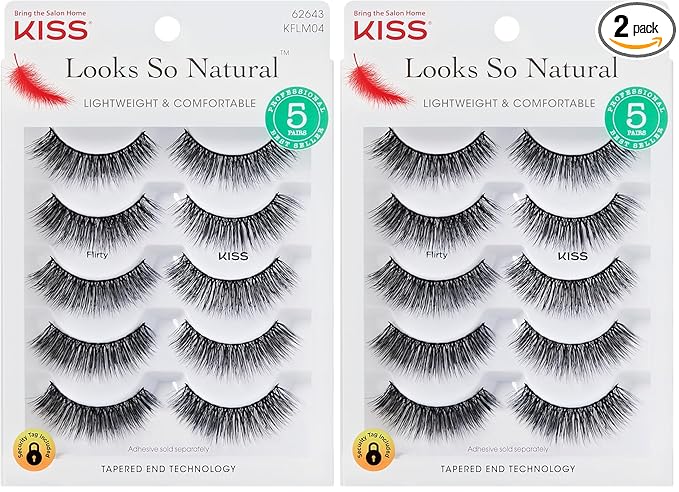 KISS Looks So Natural False Eyelashes Multipack, Lightweight & Comfortable, Tapered End Technology, Reusable, Cruelty-Free, Contact Lens Friendly, Style 'Flirty', 5 Pairs Fake Eyelashes Black