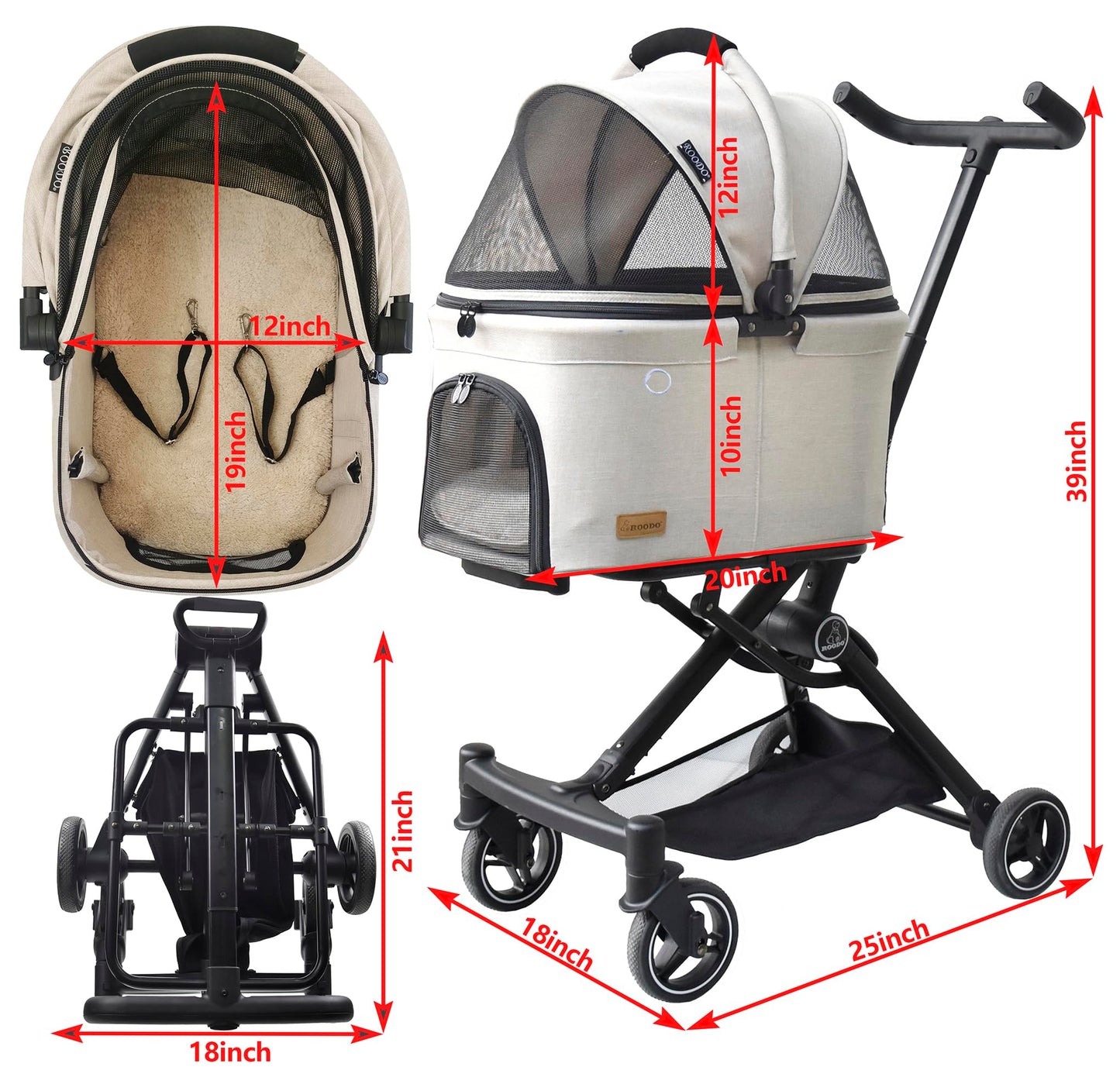 ROODO 2026 Upgraded Version 3 in 1 Dog Cat Stroller with Detachable Carrier Lightweight Folding Portable All Terrain Pet Travel System Puppy Kitty Doggie Bunny Stroller for 30lbs (Light Grey)