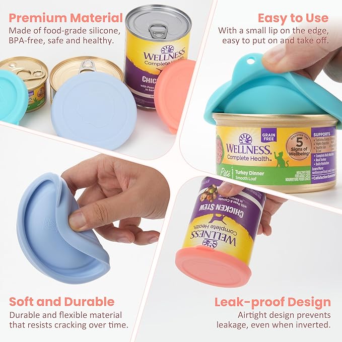 2.5''(2 Packs) + 3.0''(2 Packs) + 3.5''(2 PCs) Silicone Canned Food Can Lids, Pet Food Can Covers, Airtight and Reusable, Dishwasher Safe (Variety 6 PCs)