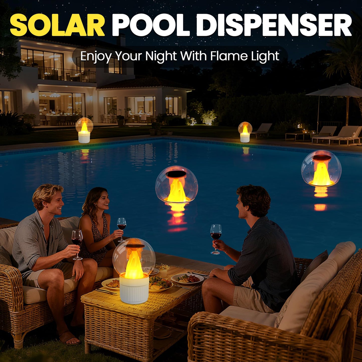 ChlorBlu Solar Chlorine Floater,Chlorine Floater with Solar Flame Light,Adjustable Release Floating Chlorine Dispenser for Pool,Large Capacity Pool Chlorine Floater,Chlorine Floater for Hot Tub(White)