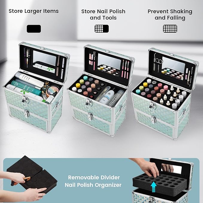 FRENESSA Extra Large Makeup Organizer Case Cosmetic Box Storage with Drawer Mirror Nail Manicure Accessory Organizer With Dividers Travel Nail Art Case for Makeup Artist Nail Tech Case Watery Blue