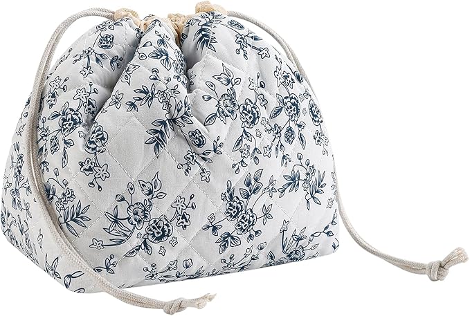 Cotton Quilted Drawstring Makeup Bag with Canvas Lining,Coquette Aesthetic Cute Travel Toiletry Bag,Drawstring Gift Bag for Women and Girls（16Dark Blue）