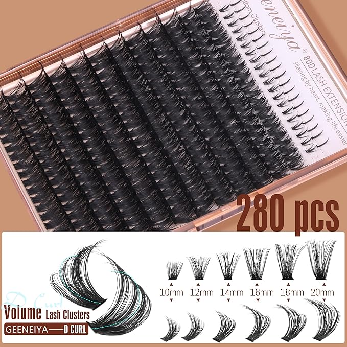 Geeneiya Cluster Eyelash Extensions Kit Bottom Lash Clusters 10-20mm DIY Lash Extension Kit Wispy Volume Individual Eyelashes with Waterproof Lash Bond and Seal Applicator for Beginners