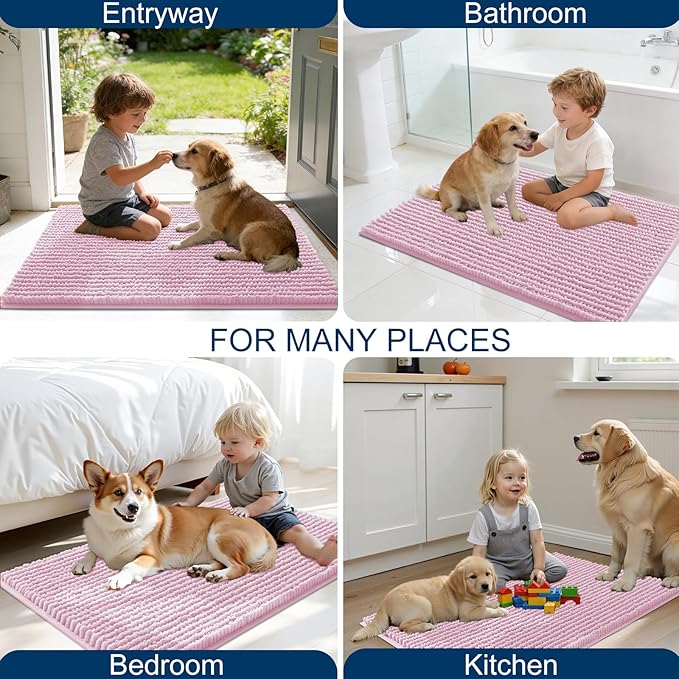 OLANLY Dog Door Mat for Muddy Paws 59x24, Ultra Absorbent Chenille Mud Doormat, Non-Slip Washable and Dirt Trapping Doormat for Indoor Entryway, Quick-Dry Indoor Pet Bed Mats for Dogs, Dusty Rose