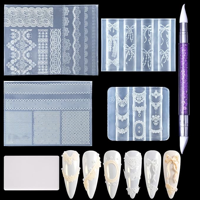 Laza 4pcs Lace Silicone Nail Art Molds, 3D Multiple Shapes Classical Lace Charms Silicone Nail Accessories with Carving Pen Resin Nail Art Mold Manicure Tools for Women DIY Y2k Decoration