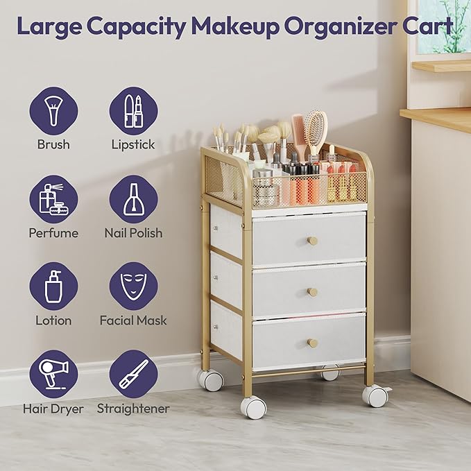 SWTYMIKI Rolling Makeup Organizer Cart - Under Desk Vanity Makeup Storage with 3 Non-woven Drawers, Nail Cart Organizer Cosmetic Display Cases Cabinet for Skin Care Perfume Nail Polish Brush Hair Tool