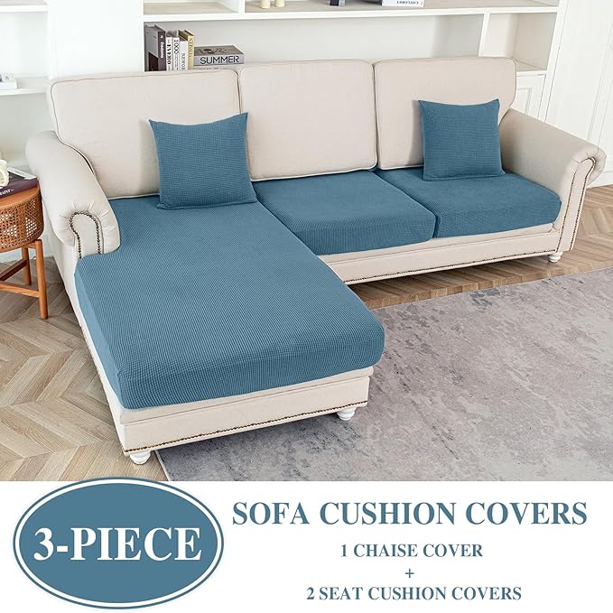 Couch Cushion Covers for Sectional Sofa L Shape Washable Separate Seat Chaise Couch Cover Stretch Sofa Slipcovers with 2 Pcs Pillowcases(2 Seater + 1 Chaise, Blue)