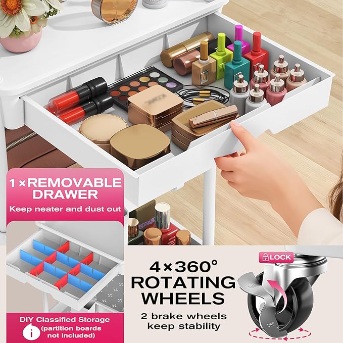Goovilla Rolling Makeup Organizer Cart with Removable Drawer, 3 Tier Stable White Floor Skincare Storage Cart for Vanity, Cosmetic Display, Nail Polish, Perfume, Hair Stuff, Beauty, Bathroom(Plastic)