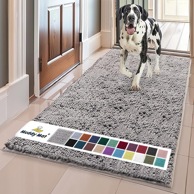 Muddy Mat® | Super Absorbent Door Mat Indoor, Microfiber Quick Dry Chenille Entryway Rug, Non-Slip Front Door Mat, Indoor Mats for Entryway, Machine Washable Pet Rug, Grey 36"x72"