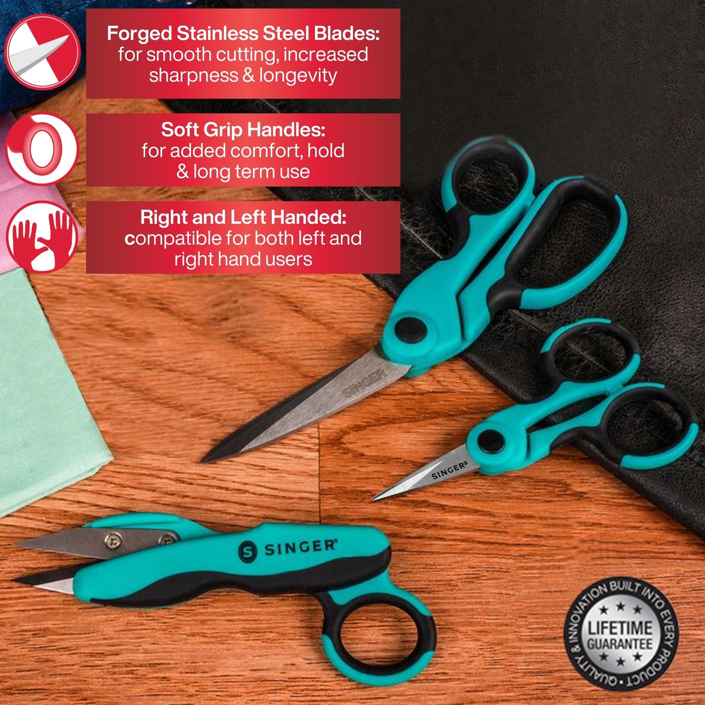 SINGER ProSeries Sewing Scissors Bundle: 8.5" Heavy Duty Fabric, 4.5" Detail Embroidery, 5" Thread Snips With Comfort Grip (Teal)