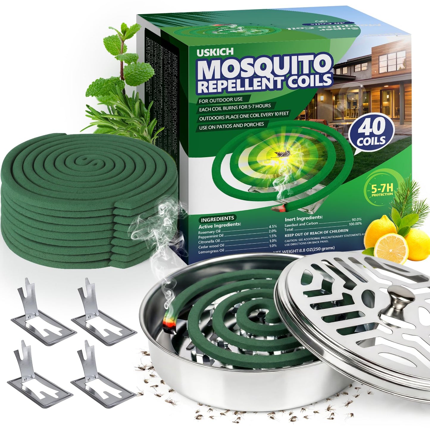 USKICH 40 Mosquito Coils | Mosquito Coils Outdoor Use Reaches up to 10 Fee (Contains 2 Holders & 4 Stands)